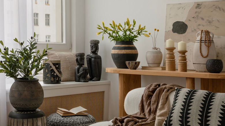 White, wood, and wicker room with black elements
