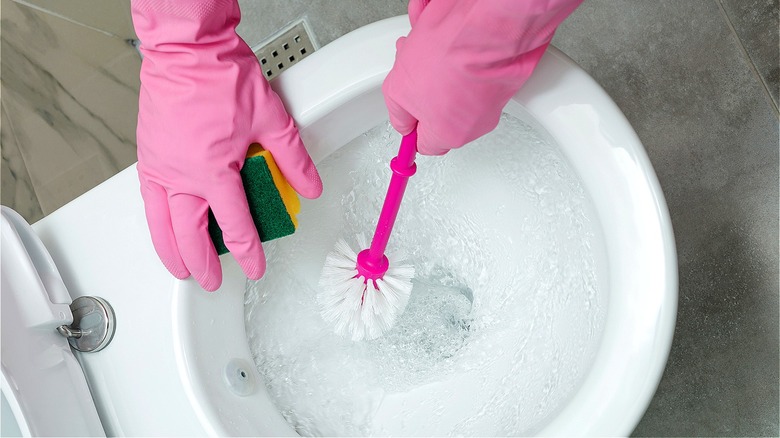 cleaning toilet with sponge/brush