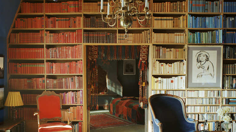 Room with vintage furniture and shelves of books organized by color.