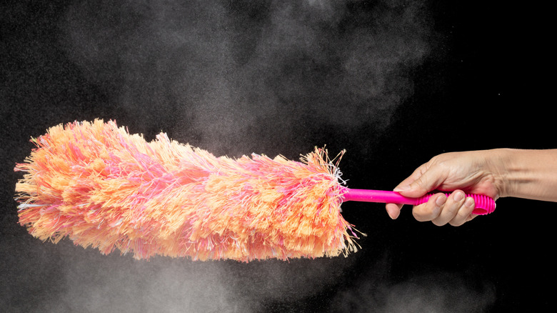 Someone holding a pink and orange feather duster against a dark background