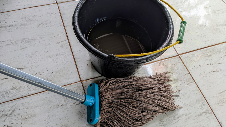 A floor mop placed near a bucket containing dirty water