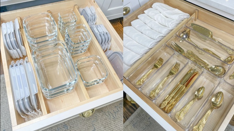 Kitchen island drawers with organized spaces for items and inlaid clear organizers