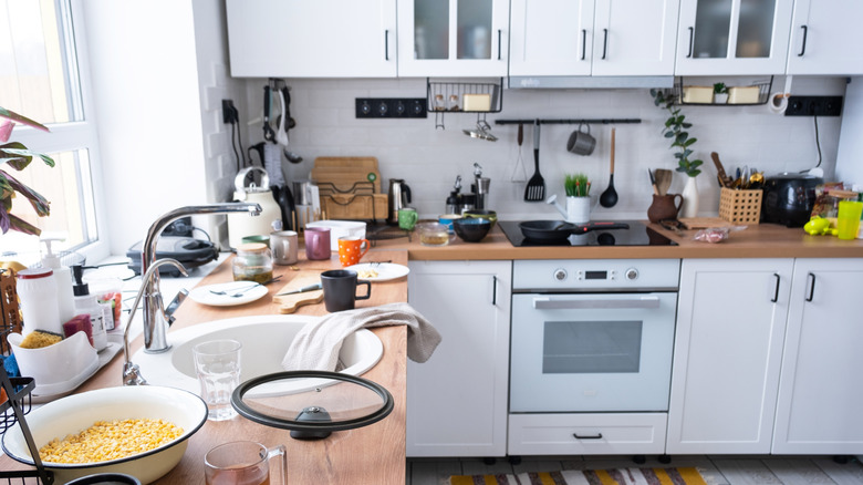 A messy, cluttered kitchen