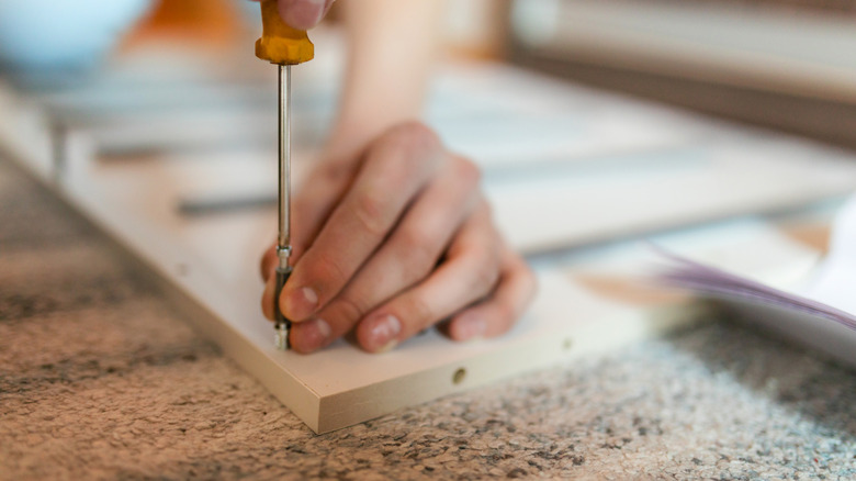 A person tightens a screw in a piece of wood using a screwdriver