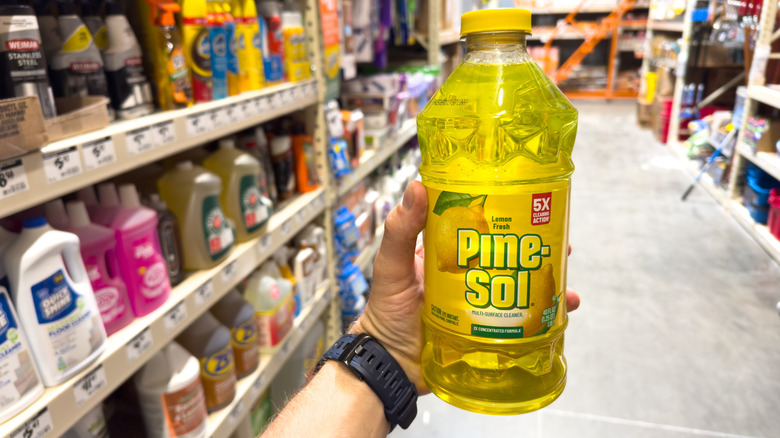 A person holds up a bottle of Pine-Sol in a hardware store.