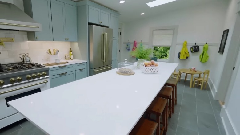 Kitchen with pale blue cabinets