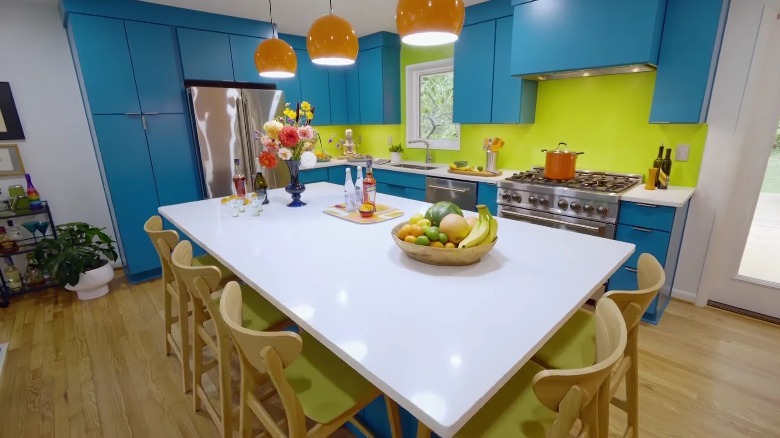bright blue and green kitchen