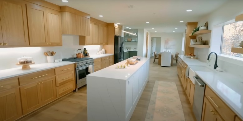 wood cabinets and quartz countertops