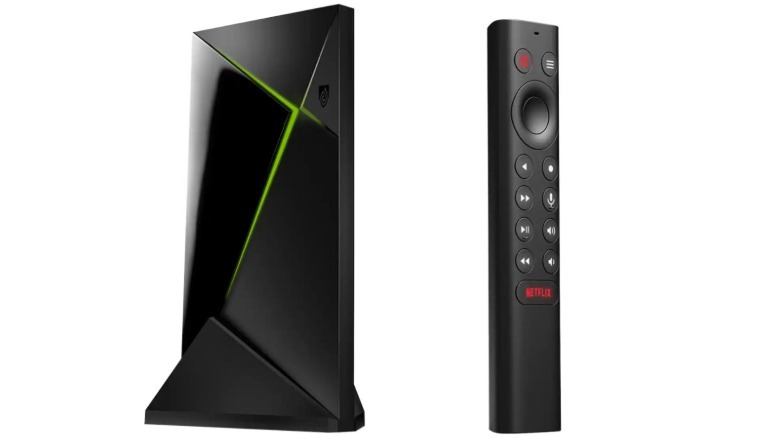 The NVIDA Shield TV Pro device with remote on a white background