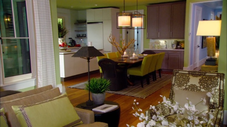 The colorful green kitchen area in the HGTV Dream House
